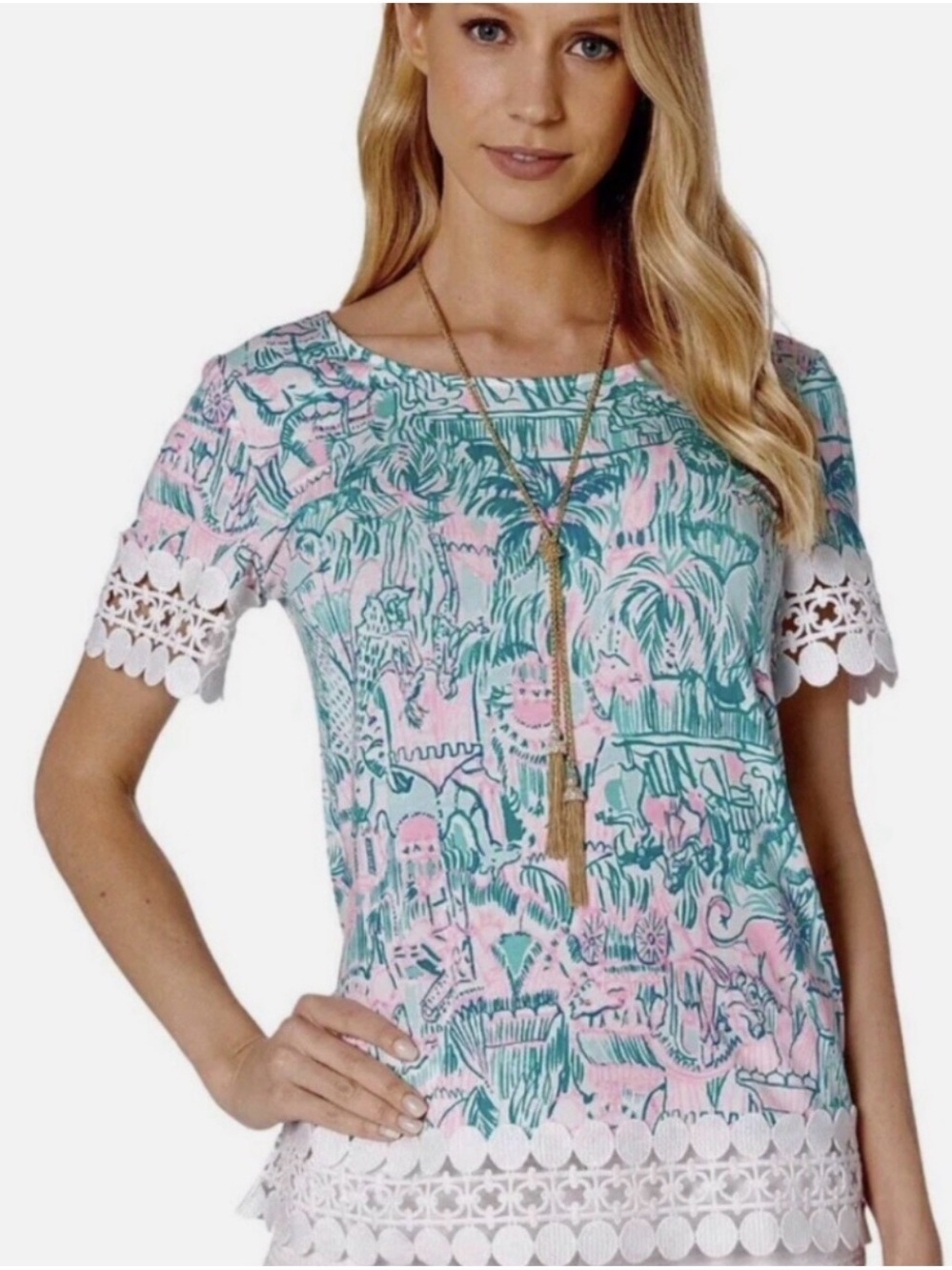 Lilly Pulitzer Hayes Top Lace-Trim Short Sleeve Resortwear EUC Sz L Tropical